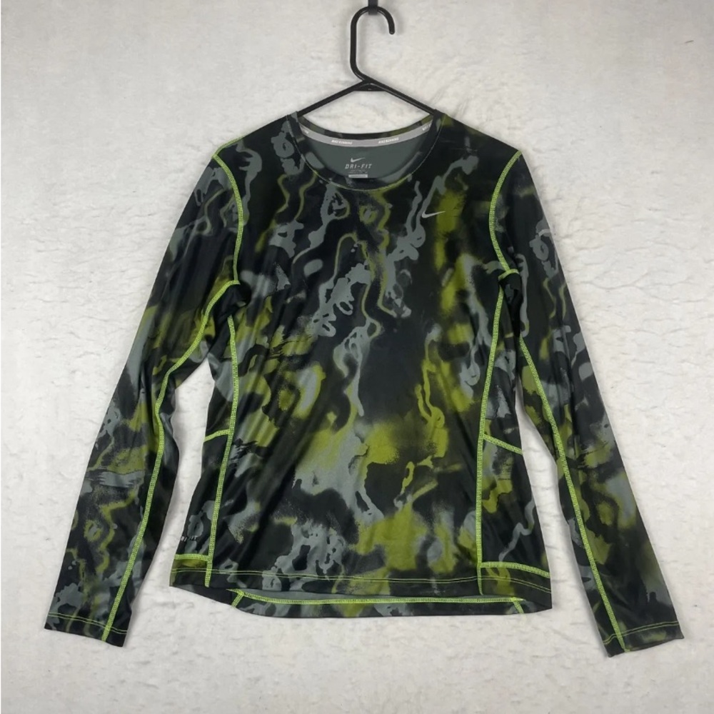 Nike Top Dri-Fit Miler Running Top Camo Neon Green Detail Long Sleeves - xl
